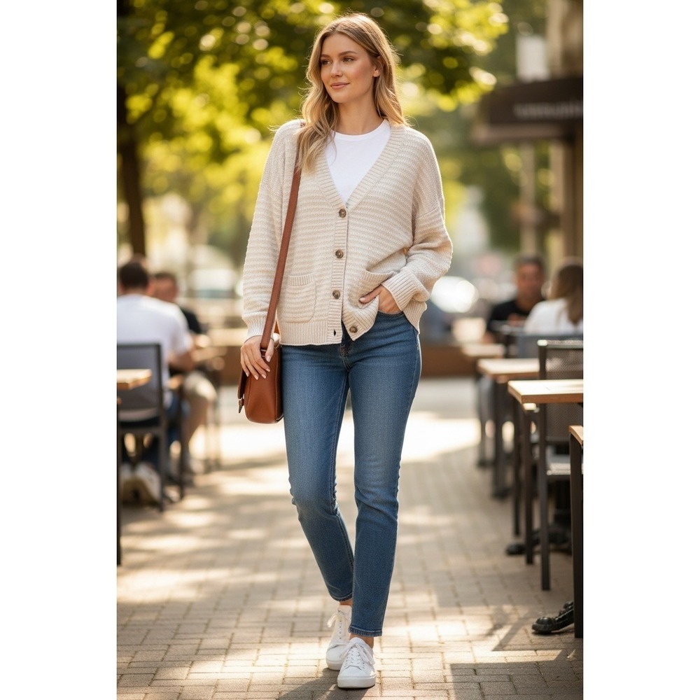 Sonoma‎ Cropped Cardigan Women XL Cream Textured Knit V-Neck Button Front Pocket